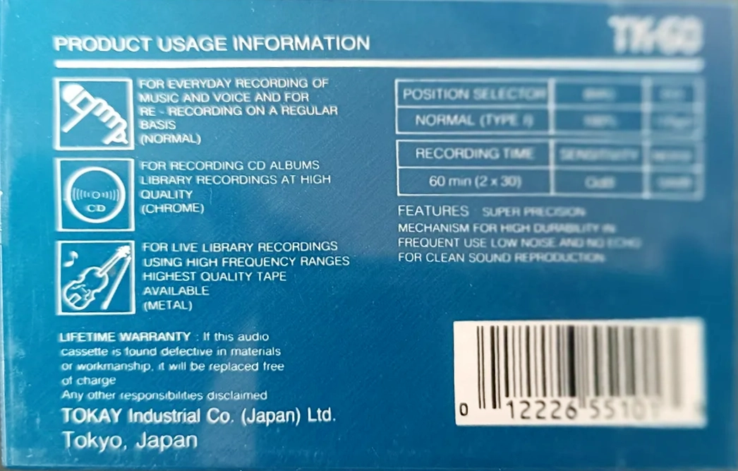 Compact Cassette Tokay 60 "TK" Type I Normal USA