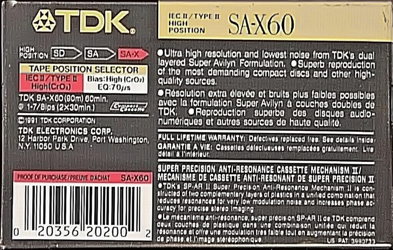 Compact Cassette TDK SA-X 60 Type II Chrome 1991 North America