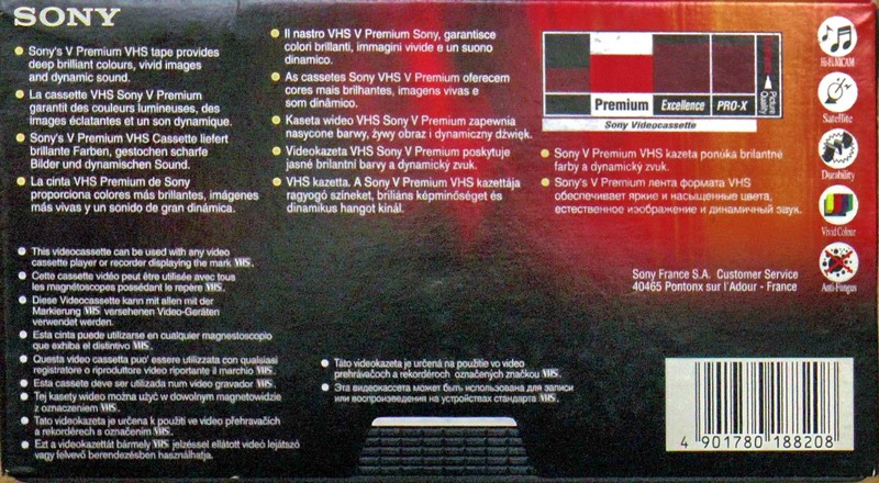 VHS, Video Home System Sony Premium 180 Type I Normal 1999 Europe