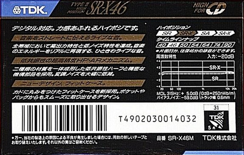 Compact Cassette TDK SR-X 46 "SR-X46M" Type II Chrome 1990 Japan
