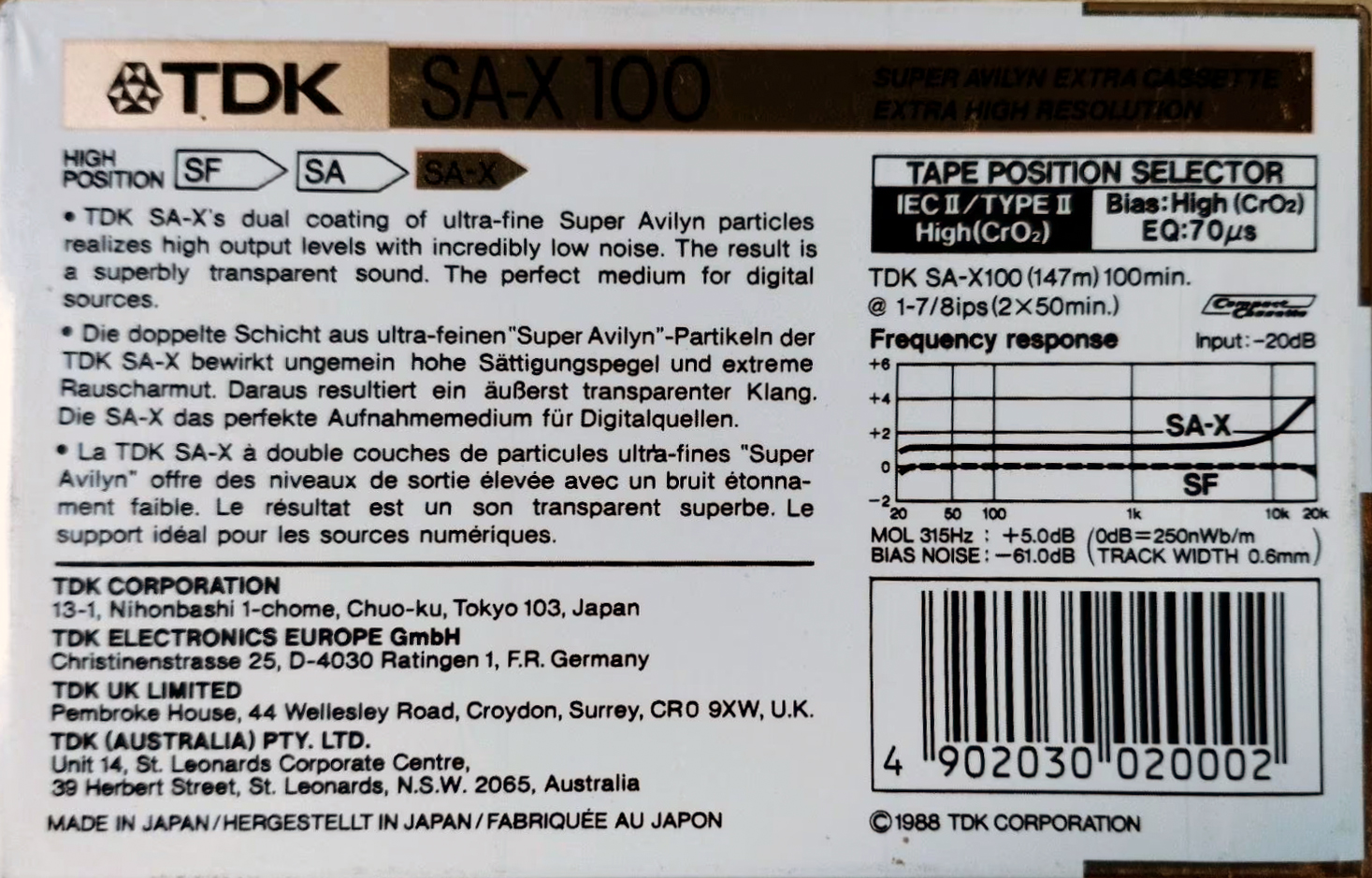 Compact Cassette TDK SA-X 100 Type II Chrome 1988 Australia, Europe