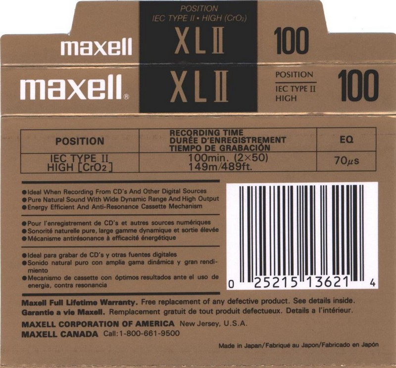 Compact Cassette Maxell XLII 100 Type II Chrome 1996 North America