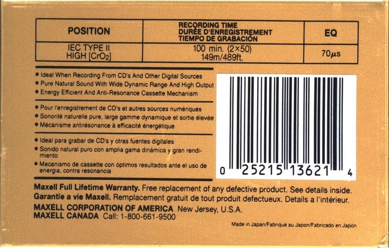 Compact Cassette Maxell XLII 100 Type II Chrome 1996 North America