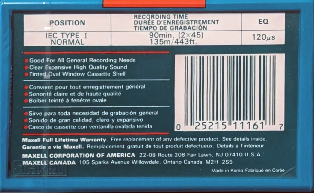 Compact Cassette Maxell UR 90 Type I Normal 1992 North America