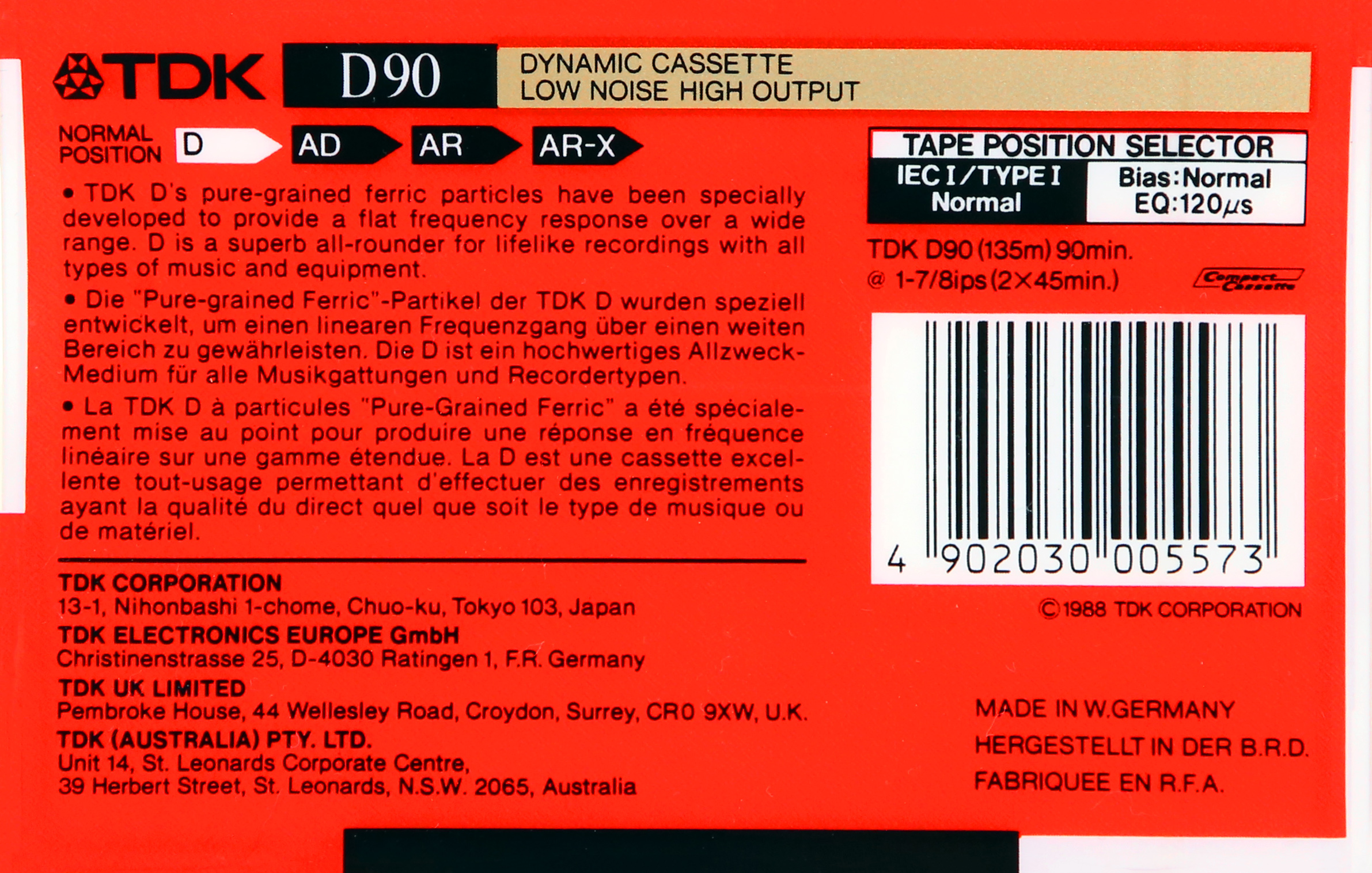 Compact Cassette TDK D 90 Type I Normal 1988 Australia, Europe