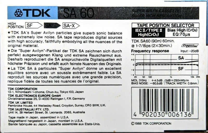 Compact Cassette TDK SA 60 Type II Chrome 1988 Australia, Europe