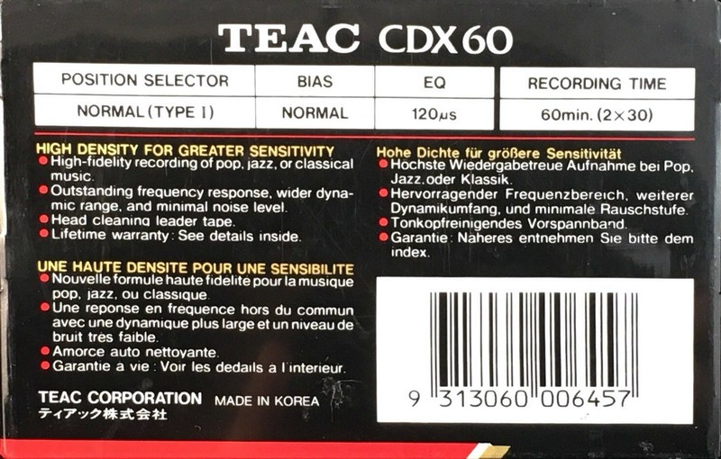 Compact Cassette Teac CDX 60 Type I Normal 1990 Europe