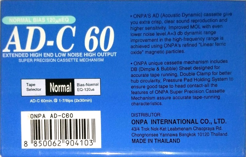 Compact Cassette ONPA AD 60 Type I Normal 1990 Thailand
