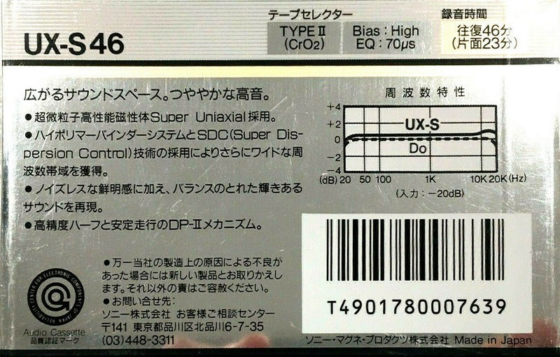 Compact Cassette Sony UX-S 46 Type II Chrome 1986 Japan