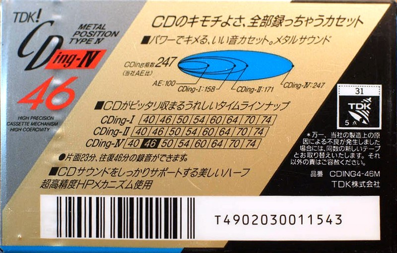 Compact Cassette TDK CDing Metal 46 "CDING4-46M" Type IV Metal 1990 Japan