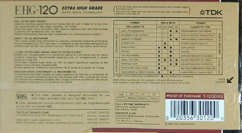VHS, Video Home System TDK E-HG 120 "T-120EHG" Type II Chrome 1988 North America