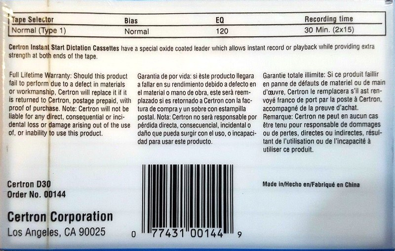 Compact Cassette Certron 30 Dictating Cassette China