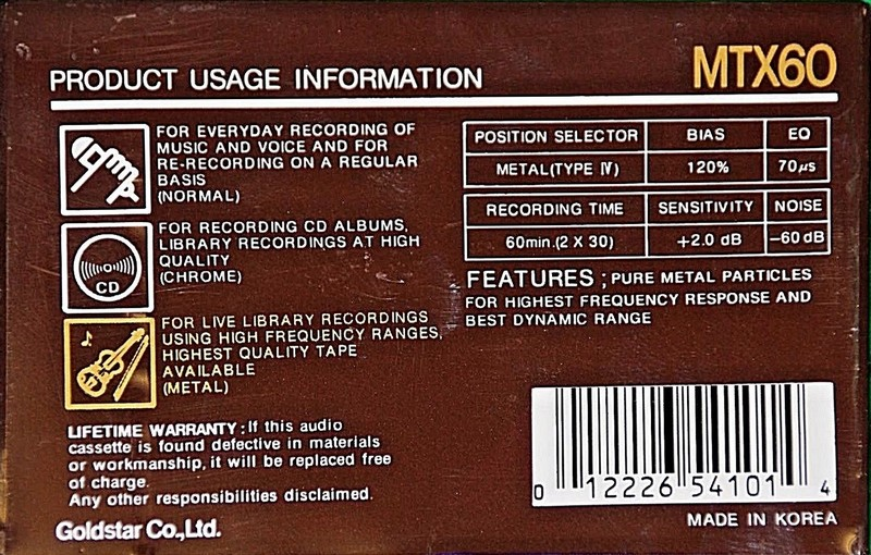 Compact Cassette Goldstar MTX 60 Type IV Metal 1989 USA