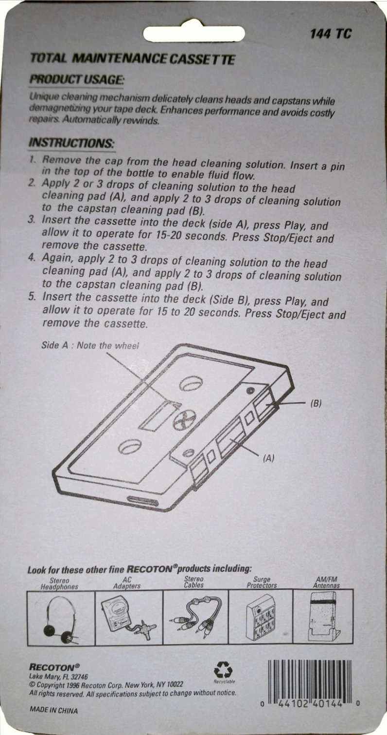 Blister Recoton "144TC" Cleaning Cassette 1996 USA