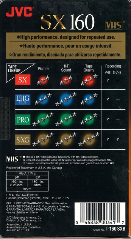 VHS, Video Home System JVC SX 160 "E-160 SXB" Type I Normal 2002 North America