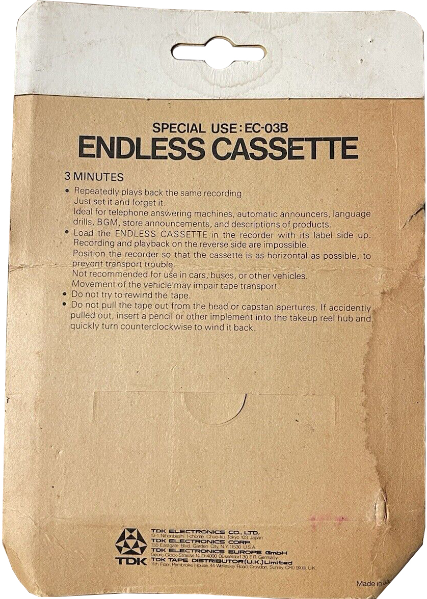 Blister TDK EC Endless 3 "EC3" Endless Cassette 1974 Europe, USA