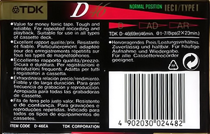 Compact Cassette TDK D 46 "D-46EA" Type I Normal 1995 Europe