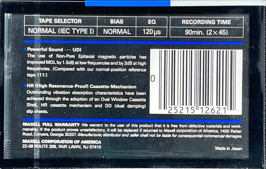 Compact Cassette Maxell UDI / UD1 90 Type I Normal 1988 USA