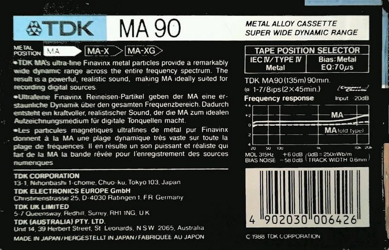 Compact Cassette TDK MA 90 Type IV Metal 1988 Australia, Europe