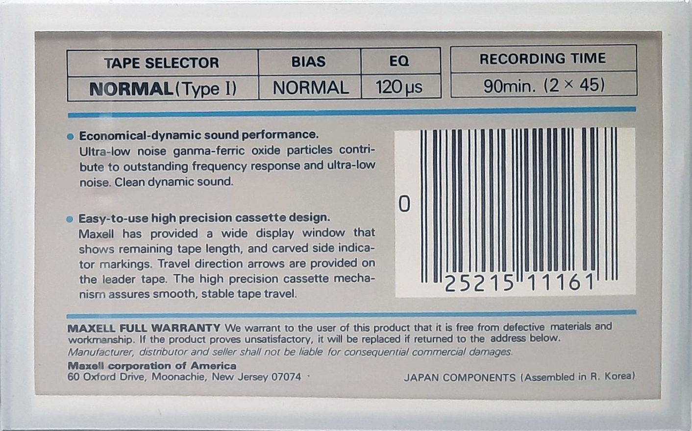Compact Cassette Maxell LN 90 Type I Normal 1983 USA