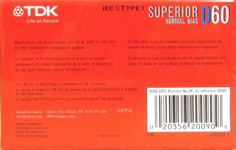 Compact Cassette TDK D 60 "Superior D 63952698C" Type I Normal 2008 North America