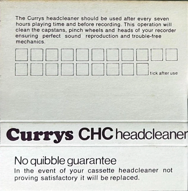 Compact Cassette Currys "CHC" Cleaning Cassette 1978 UK