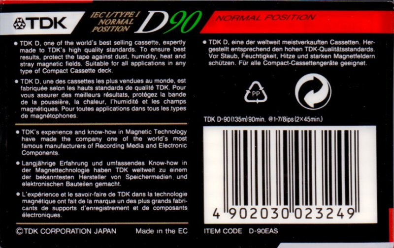 Compact Cassette TDK D 90 "D-90EAS" Type I Normal 1990 Europe