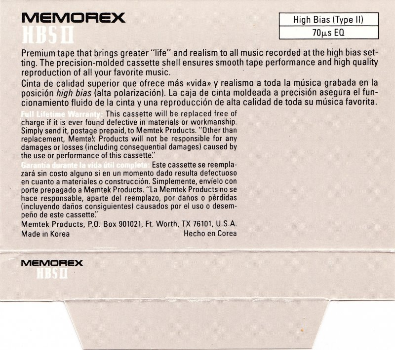 Compact Cassette Memorex HBS II 110 Type II Chrome 1993 North America