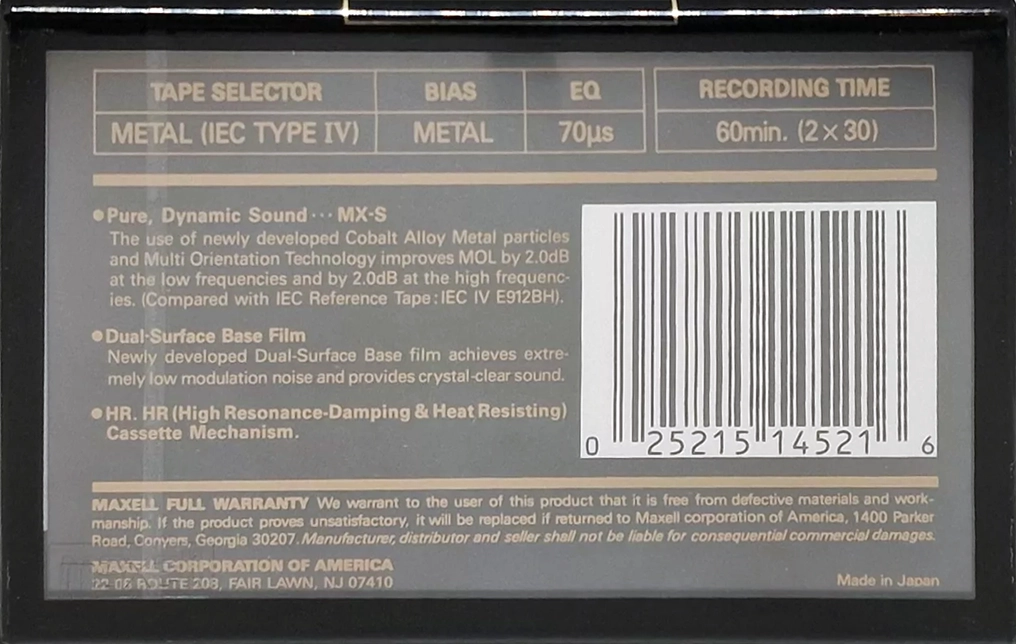 Compact Cassette Maxell MX-S 60 Type IV Metal 1992 USA