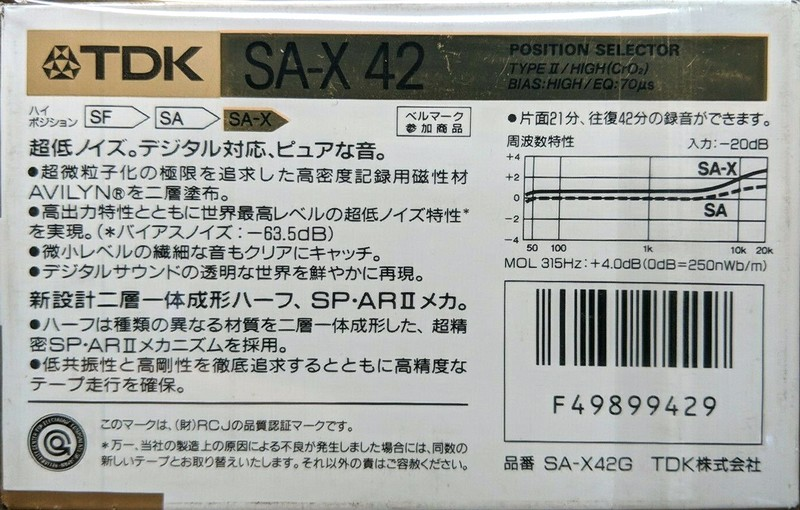 Compact Cassette TDK SA-X 42 "SA-X42G" Type II Chrome 1988 Japan
