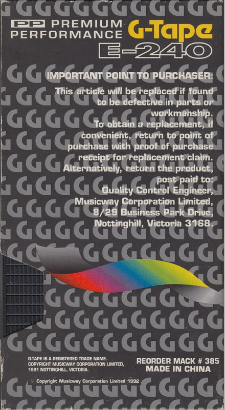 VHS, Video Home System G-Tape 240 Type I Normal 1992 Australia