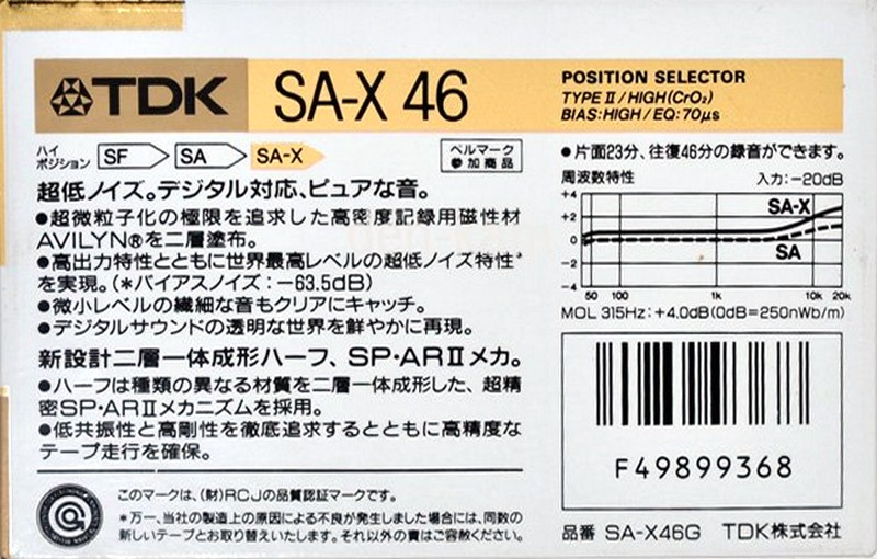 Compact Cassette TDK SA-X 46 "SA-X46G" Type II Chrome 1988 Japan