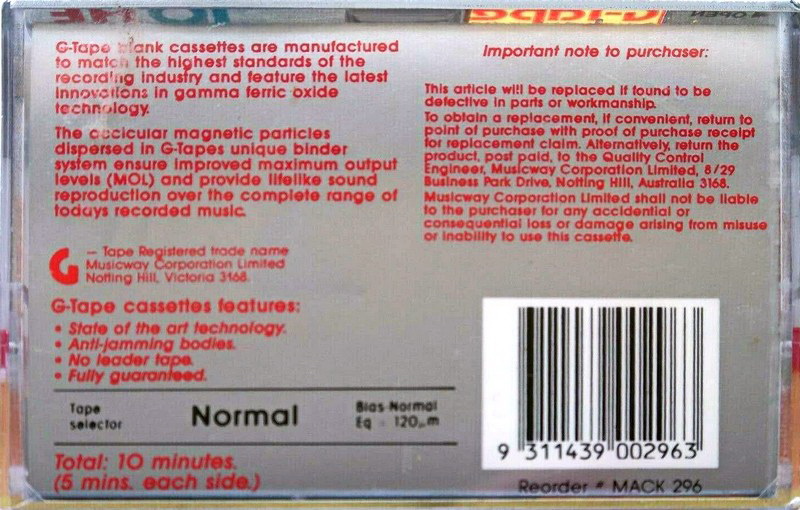 Compact Cassette G-Tape HE 10 Type I Normal 1986 Australia