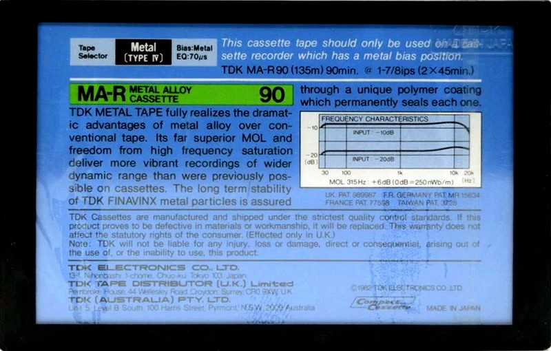 Compact Cassette TDK MA-R 90 Type IV Metal 1982 Australia, Europe