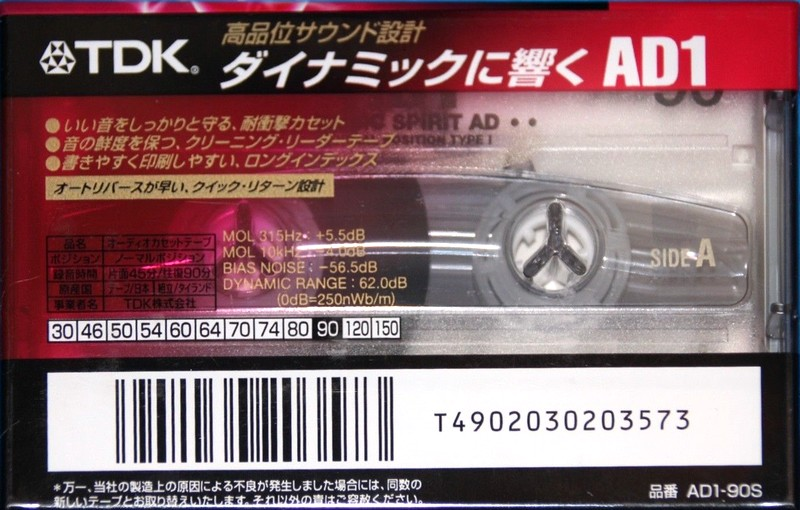 Compact Cassette TDK AD1 90 "AD1-90S" Type I Normal 1997 Japan