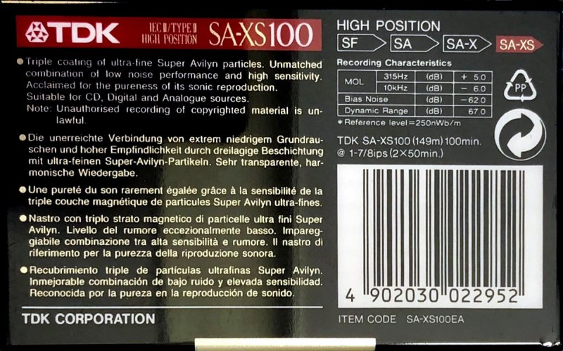 Compact Cassette TDK SA-XS 100 "SA-XS100EA" Type II Chrome 1992 Europe