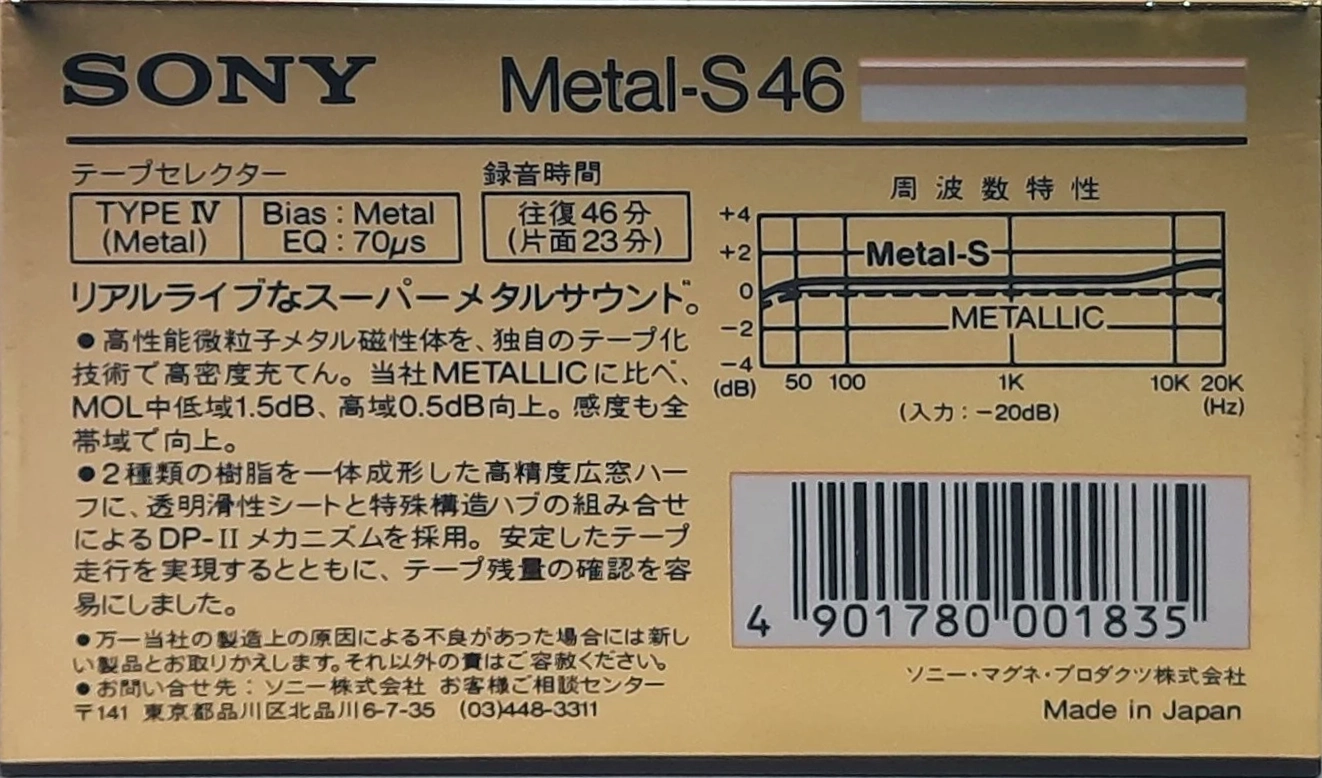 Compact Cassette Sony Metal-S 46 Type IV Metal 1986 Japan