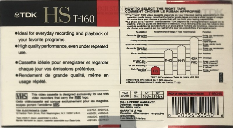 VHS, Video Home System TDK HS 160 Type II Chrome 1991 North America