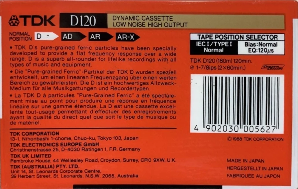 Compact Cassette TDK D 120 "D-120N" Type I Normal 1988 Australia, Europe