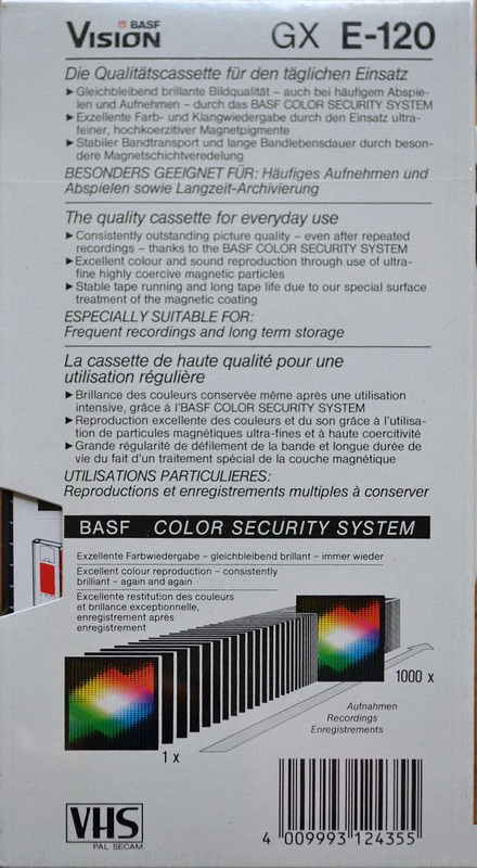 VHS, Video Home System BASF Vision 120 "GX" Type I Normal 1989 Europe