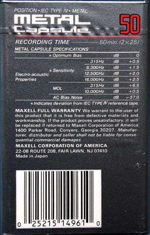 Compact Cassette Maxell Capsule Metal 50 Type IV Metal 1990 USA