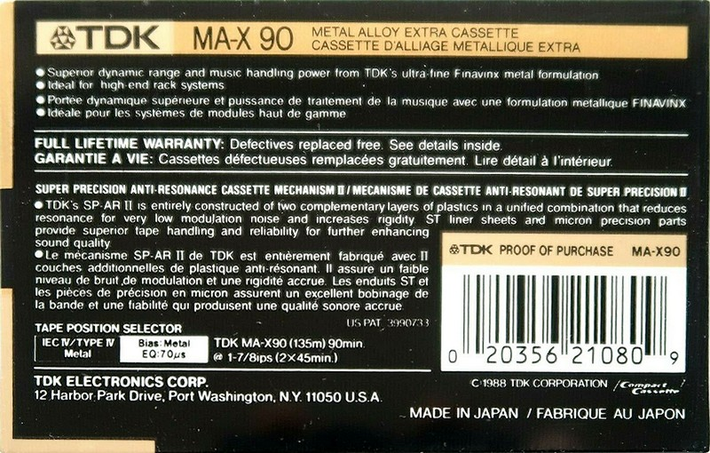 Compact Cassette TDK MA-X 90 Type IV Metal 1988 USA