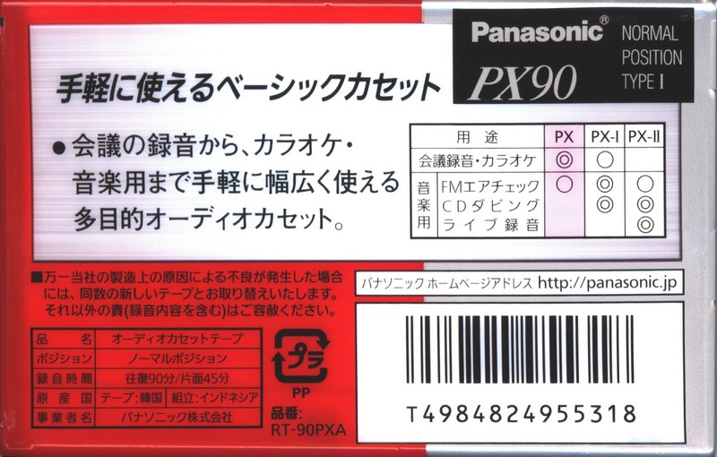 Compact Cassette Panasonic PX 90 "RT-90PXA" Type I Normal 1997 Japan