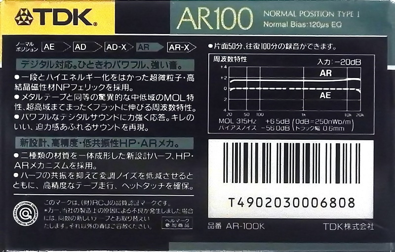 Compact Cassette TDK AR 100 "AR-100K" Type I Normal 1989 Japan