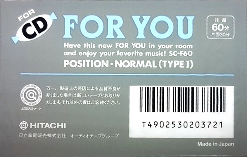 Compact Cassette Hitachi For You 60 "SC-F60" Type I Normal 1988 Japan