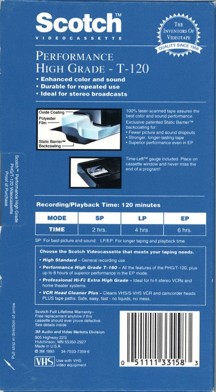 VHS, Video Home System Scotch Performance 120 Type I Normal 1993 USA