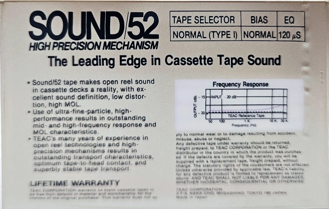 Compact Cassette Teac SOUND 52 "/52G" Type I Normal 1984 USA