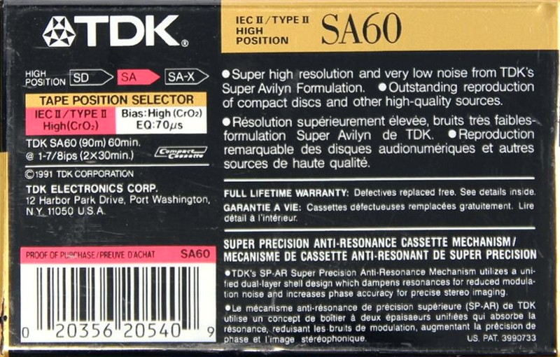 Compact Cassette TDK SA 60 "SA60" Type II Chrome 1991 North America