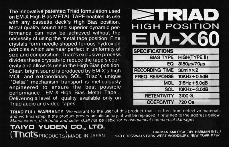 Compact Cassette Triad EM-X 60 Type II Chrome 1986 North America