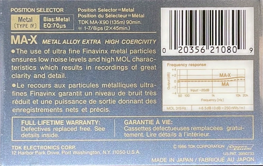 Compact Cassette TDK MA-X 90 Type IV Metal 1986 North America